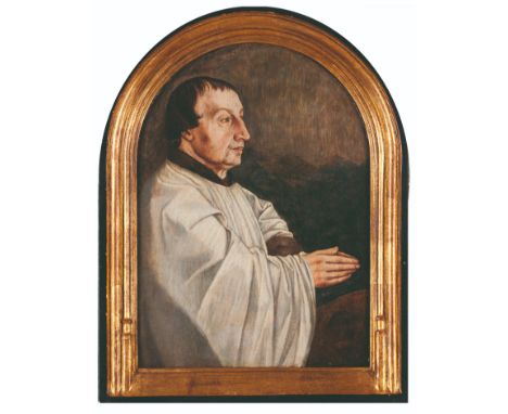Portuguese or Flemish school, 15th or 16th centuryA portrait of a dignitary patronOil on oak boardOn the back notes by M. Rey