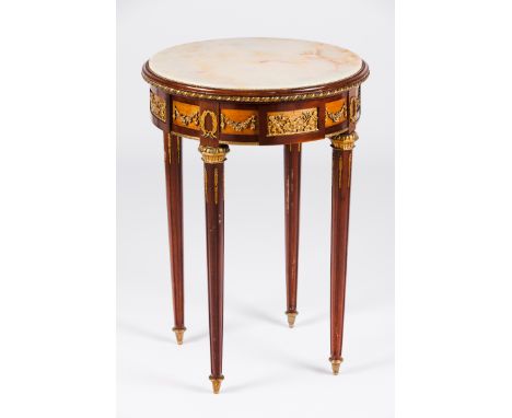 A Louis XVI style occasional tableMahogany and other woodsGilt bronze mounts with putti, garlands and other floral motifsMarb