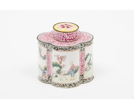 A tea caddy and coverEnamel on copperPolychrome decoration of Chinese daily scenesQianlong reign (1736-1795)(minor restoratio