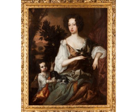 Circle of JGODFREY KNELLER (1646-1723)English school, 17th century Portrait of a lady with child and dog Oil on canvas128x101