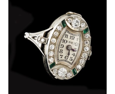 An Art Deco Ebel  ring/watchPlatinumSet with 2 brilliant cut diamonds totalling (ca. 0.60ct) and 16 diamonds totalling )ca. 0