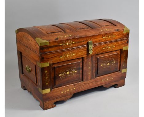 A Far Eastern Brass Inlaid Dome Top Trunk with Inner Removable Tray, 51cms Wide 