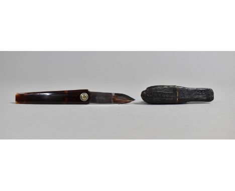 A Leather Cased Folding Knife/Fleam, Tortoiseshell Scales, Blade Inscribed Todd 