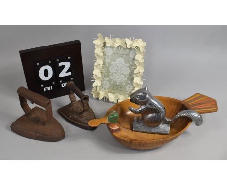 A Collection of Various Sundries to Comprise Flat Irons, Squirrel Nut Cracker, Treen Duck Bowl Etc 