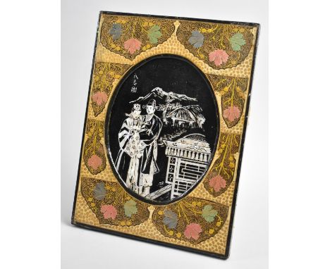 A Chinese Lacquered Easel Back Picture Frame Containing Mother of Pearl Picture of Couple 