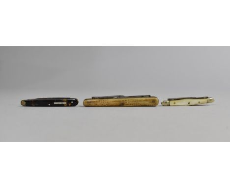 Three Small Folding Pocket Knives, Petty Tortoiseshell, Mother of Pearl and Horn Scales 