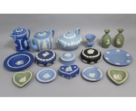 A Collection of Wedgwood and Other Jasperware and Queensware to comprise Dishes, Lidded Post, Vases Etc 