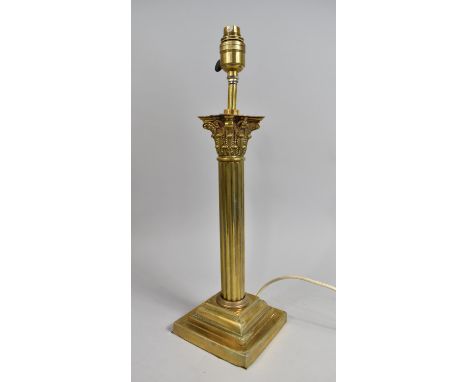 A Vintage Brass Table Lamp Base in the Form of a Reeded Corinthian Column on Stepped Plinth, 47cm high 