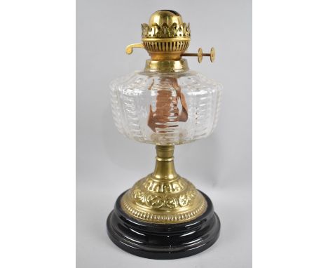 A Late Victorian/Edwardian Brass Oil Lamp Base with Moulded Glass Reservoir, No Chimney or Shade, 33cms High 