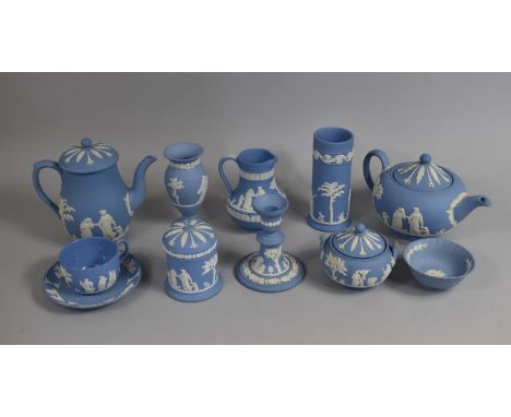 A Collection of Various Wedgwood Blue and White Jasperware to include Teapot, Cup and Saucer, Lidded Pots, Vase, Candlestick 