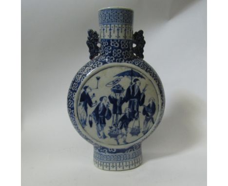 A 19th Century Chinese porcelain moon flask with figural scene panels, blue and white, 25.5cm tall