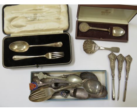 A quantity of silver and metal cutlery including Christening sets and caddy spoons etc. Silver weight, 271g