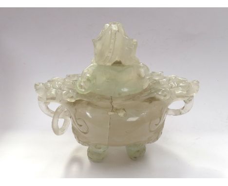A Chinese rock crystal / white jade censor, dragon design, some losses 