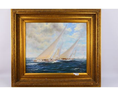 A 20th century oil on canvas seascape, depicting two racing yachts at sail, signed lower right B Murray, housed in ornate fra