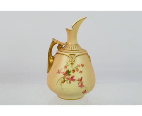 A Royal Worcester blush ivory ewer, shape 1668, decorated with floral sprays and gilt approximately 12 cm (h). [W]