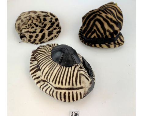 3 fur hats - Christian Dior tiger print, Norman Edwin zebra print and leopard print