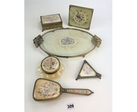 6 piece vintage dressing table set comprising clock, trinket box, powder bowl, ashtray, hairbrush and tray