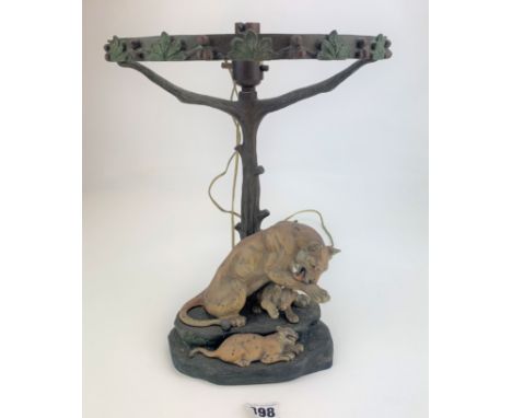 Bronze lamp base with lion and cubs 12" high&nbsp;Signed C Carvin