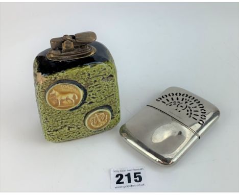 Plated lighter and stoneware table lighter. 5" high