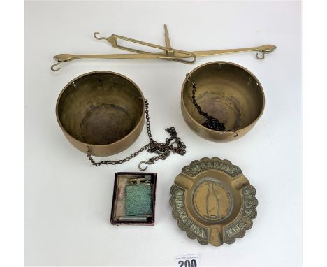Brass tobacco scales, advertising ashtray and lighter