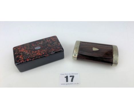 Wood and metal snuff box and mother of pearl inlaid snuff box.3" wide