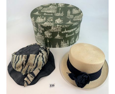 Straw hat by Hatties,Leeds &amp; Siggi, London and black felt/animal print hat in Harrod's hat box