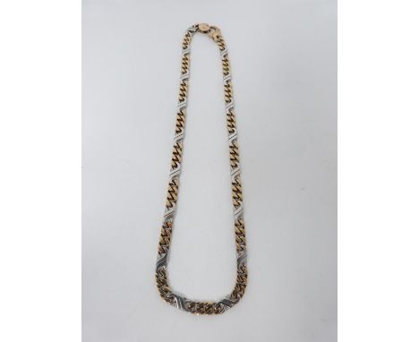 A vintage heavy two colour 9 ct gold Italian Sinigaglia Benito fancy curb link chain with secure C-sprung clasp. Stamped with