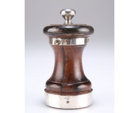 A VICTORIAN SILVER-MOUNTED ROSEWOOD PEPPER GRINDER, by&nbsp;Pembrook &amp; Dickins, Birmingham 1886. 10cm highThe absence of 