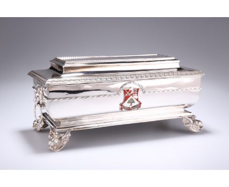 A FINE GEORGE VI SILVER AND ENAMEL CIGAR CASKET,&nbsp;by&nbsp;Edward Barnard &amp; Sons Ltd, London 1937, of sarcophagus form