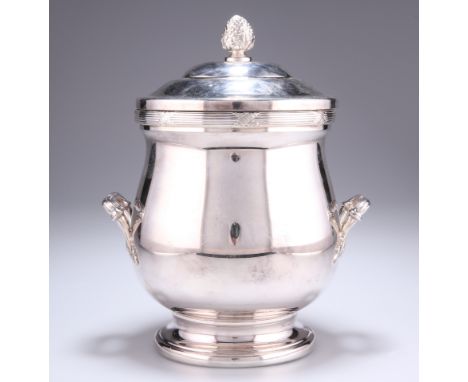 AN ITALIAN SILVER-PLATED TWO-HANDLED ICE BUCKET, by Broggi, the cover with pineapple-form finial, the pale with reeded and ri