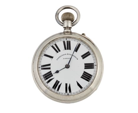 A SILVER PARKINSON &amp; FRODSHAM OPEN FACED POCKET WATCH,&nbsp;circular white enamel dial with black Roman index and hands, 