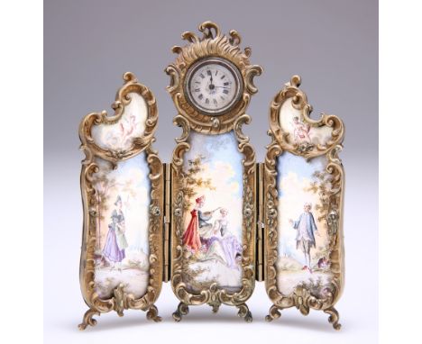 A VIENNESE SILVER-GILT AND ENAMEL TRIPTYCH BOUDOIR CLOCK, Vienna mark, late 19th Century, the three panels decorated with fig