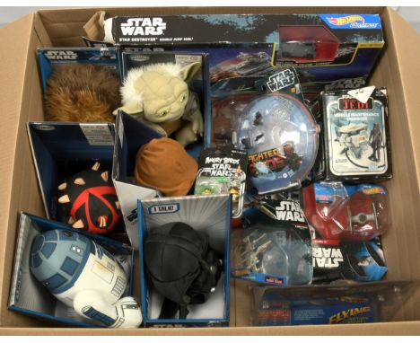 Hotwheels, Estes, Kenner Star Wars assorted ships, vehicles and plush talk figures. Condition fair to good, packaging poor to