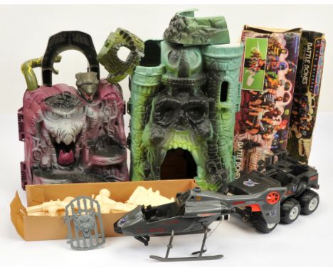 Mattel Masters of the Universe playsets and carry case, to include Snake Mountain, Castle Grayskull and Battle Bones carry ca