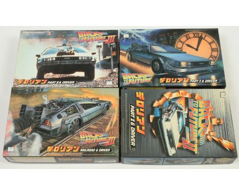 Aoshima Back to the Future 1:24 scale plastic model kits x4, with driver, to include The Delorean Time Machine from Part I, I