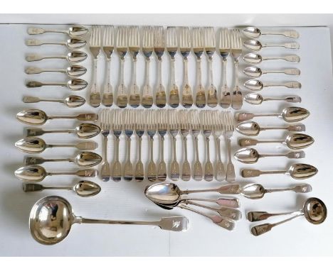 A Victorian London silver fiddle-pattern service in the Hanoverian style, crested, comprising: a soup ladle by William Robert