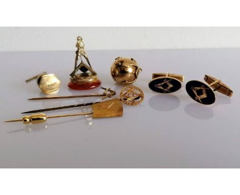 A 9ct gold and silver gilt Masonic ball pendant folding to a crucifix; a pair of enamel cufflinks, three tie pins, a dress sh