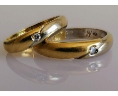 Two Italian bi colour gold wedding bands with diamond insets, sizes U, K, stamped 750, 9.3g