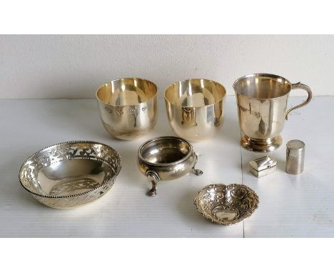 A pair of contemporary silver cups by Deakin &amp; Francis Ltd., Birmingham, 1978, each 6 cm; a christening mug by S J Rose &