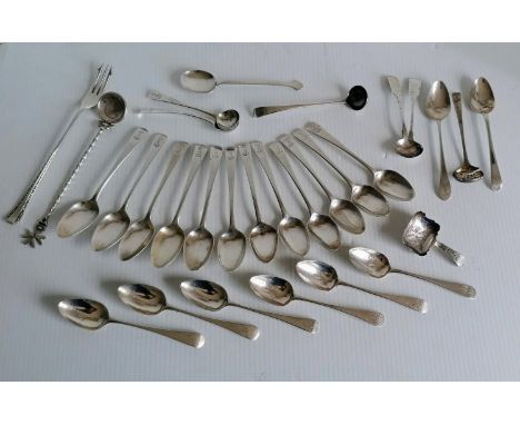 A George III set of twelve crested teaspoons, two salt spoons and a ladle by George Smith IV, London, 1799; a set of six teas