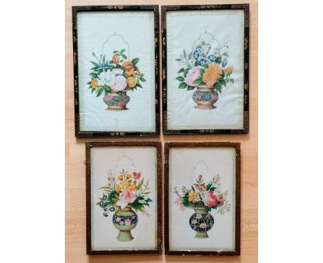 Two pairs of Oriental 19th century watercolour still lives of flowers in baskets on paper, framed, 30 x 18.5 cm, 27.5 x 16.5 