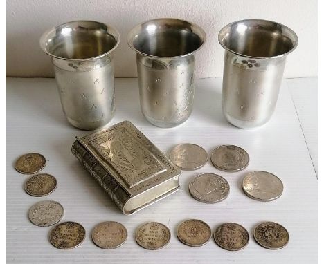 Three Indian silver beakers or julep cups with etched decoration, each stamped T.100 to base, 9.5 cm H; nine One Rupee India 