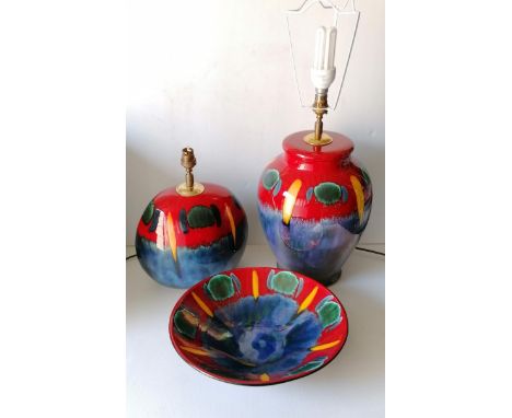A Poole Pottery Infusion design purse lamp, 36 cm; Roman lamp, 46 cm and matching bowl, diameter 34 cm, one shade, all with o