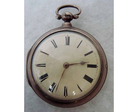 An early 19th century silver pair cased pocket watch by B Ward, Newcastle, fusee movement, no 372, 4.5cm white enamel dial wi