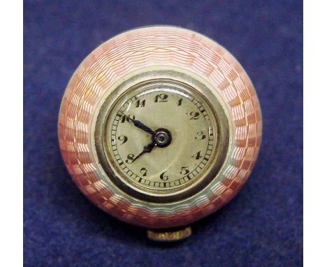 An early 20th century 935 silver and pink enamel guilloch case ball shape pendant watch, silvered dial with Arabic numerals, 