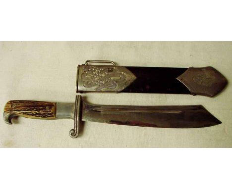 A German Third Reich enlisted man's Hewer, clip point steel blade with narrow fullers, inscribed Arbeit Adelt, makers logo fo