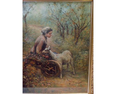 G Morgan, Seated Girl with Barrow & Goat on a Wooded Track, signed oil on board