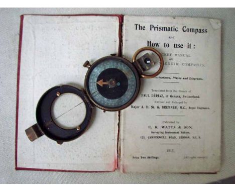 A brass cased Prismatic Compass Mark VIII, circa 1915 and its users manual printed 1917 