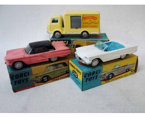 Three boxed corgi diecast vehicles, Ford Thunderbird 214M KARRIER BANTAM, Lucozade van 411 and Ford Thunderbird 215 (3)