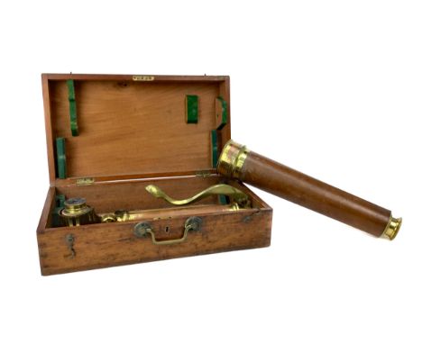 BRASS FOUR DRAW TELESCOPE BY S. &amp; B. SOLOMONS, leather bound body, 132cm drawn, with brass tabletop tripod stand, in fitt